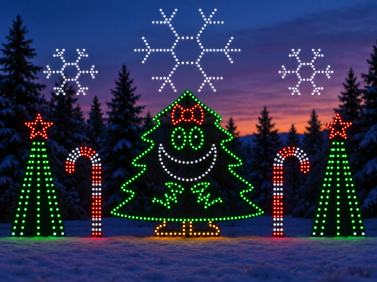 Christmas Legacy LITE light show: singing tree, large and small snowflakes, candy canes, and star-topped mini trees